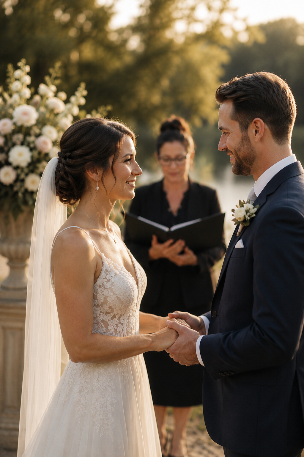 Roxanne officiating as a couple holds hands during their ceremony