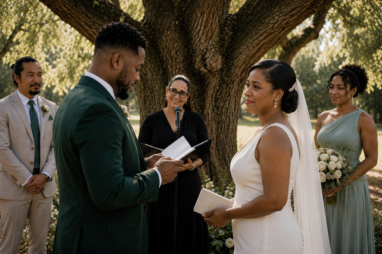 Couple exchanging vows beneath a large tree