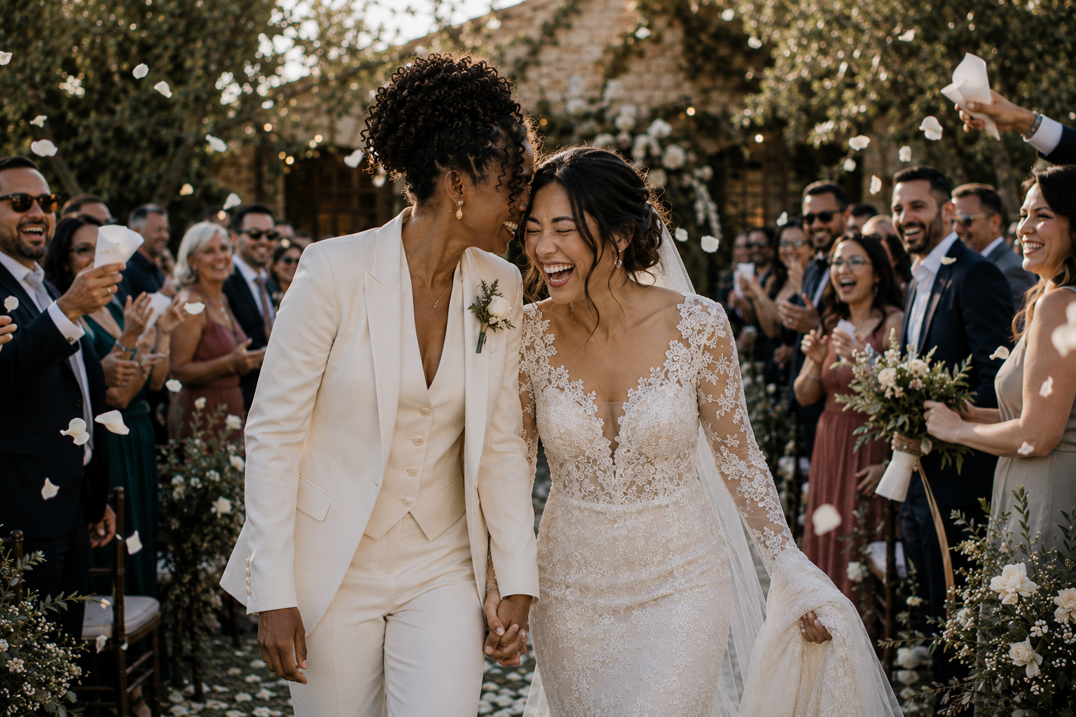 Two brides laughing during the petal toss as guests cheer