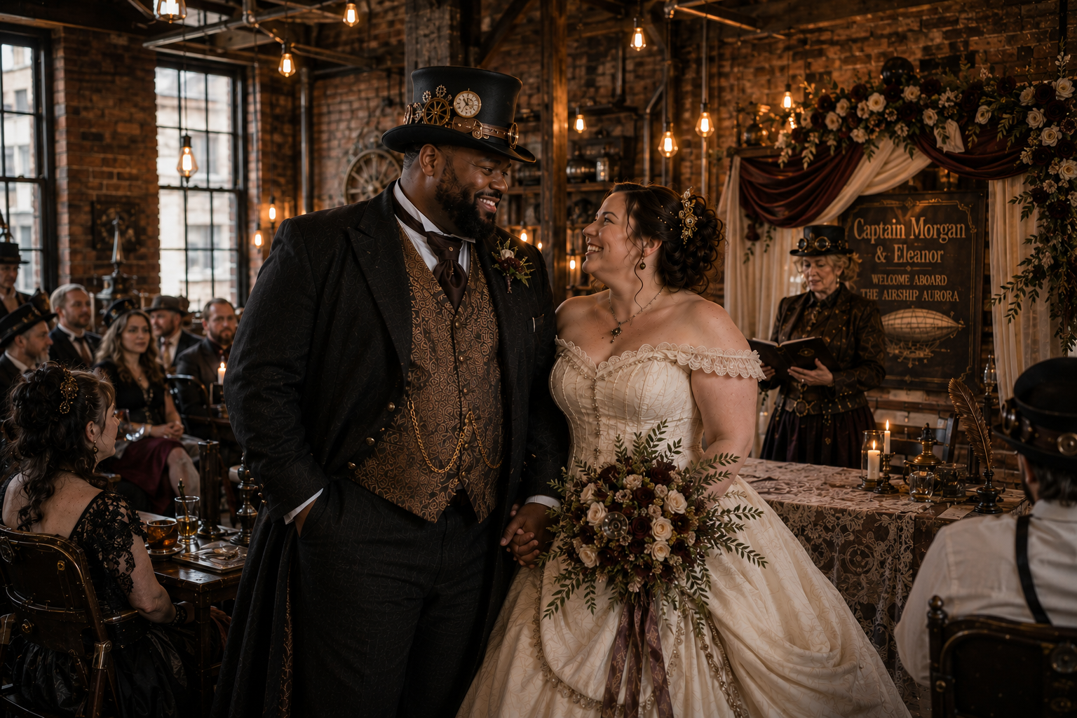 Steampunk-inspired wedding ceremony with warm candlelight